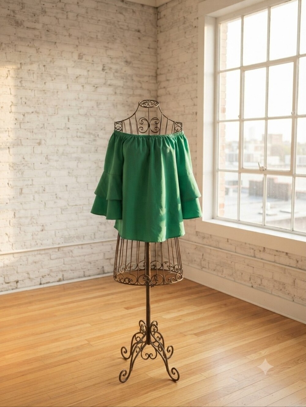 Elodie Green Off-the-Shoulder Ruffle Sleeve Top